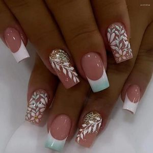 False Nails 24st Long Ballerina French Fake Leaf White Edge Nail Art Full Cover Press On DIY Löstagbara tips Manikyr