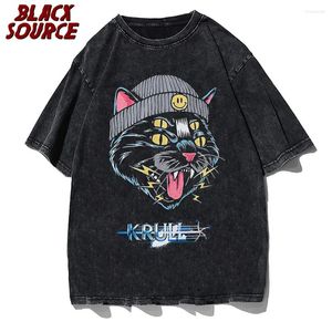 Camiseta masculina hip hop oversized tshirt streetwear gato impressão gráfica punk gótico camiseta masculina 2024 casual lavado t harajuku algodão topos