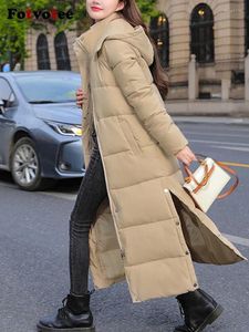 Женские тренчи Fotvotee, зимняя куртка, женское длинное утепленное пуховое пальто с капюшоном, прямая элегантная верхняя одежда 2024, корейская мода, женская
