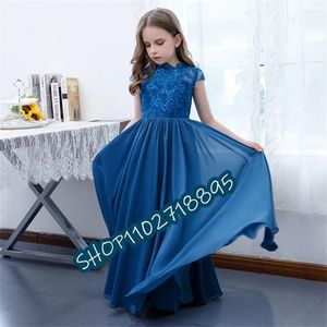 Kız Elbiseler 2024 Kraliyet Mavi Şifon Dantel Çiçek Kız Elbise Kapağı Kollu A-Line Junior Nedime Elbise Doğum Günü Partisi