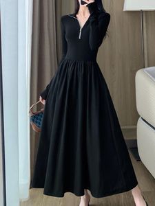 Casual Dresses Elegant V-hals Black Long Dress Women Winter Chic Slim Zipper Sleeve Korean Style Vintage Hepburn Office Lady