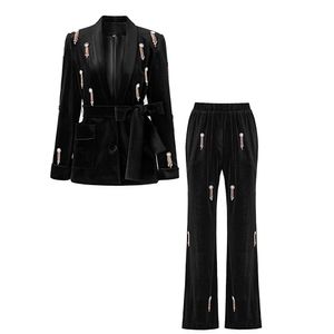 10005 XXL 2024 Style Women's Two Piece Spring Summer Long Sleeve Long Pants Beads Black Green Empire Lapel Neck oushali