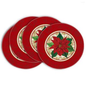 Table Mats 4Pcs/set Round Red Poinsettia Christmas Placemat 38CM Ployster Dining Winter Pad For Kitchen