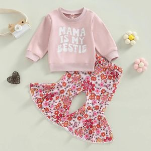 Set di abbigliamento CitgeeSpring San Valentino Bambini Ragazza del bambino Completi Manica lunga Stampa Lettera Pullover Pantaloni a zampa floreale Set di vestiti