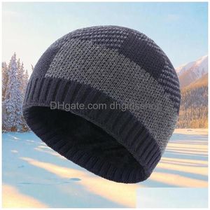 Berets Winter Fleece Warm Hat Plaid Knitted Beanie For Men Women Ear Thickened Outdoor Drop Delivery Dhknh
