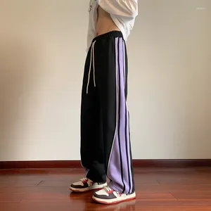 Men's Pants Japanese Retro Casual Fitting Straight Leg College Style Wide Striped Patchwork Drawstring Sweatpants Autumn