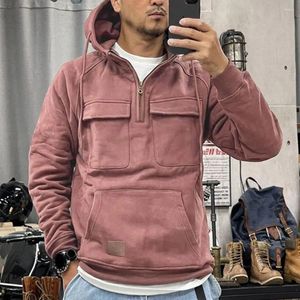 Erkek Hoodies Sıradan Hoodie Sonbahar Kışla Kışla Kışla Büyük Yama Cep Yarım Fermuar Düz Renk Gevşek Kazak Üst Elastik