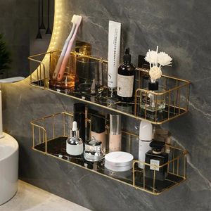 Prateleira de banheiro luxuosa sem perfuração, prateleira de parede de ferro com estilo mármore, placa de vidro, rack de armazenamento de maquiagem, acessórios de banheiro 240118