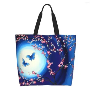 Shopping Bags Cherry Blossoms Butterflies Groceries Tote Flower Floral Canvas Shopper Shoulder Bag Big Capacity Handbags