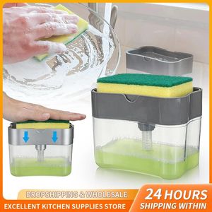 Liquid Soap Dispenser Portable Set Kitchen Dorgent Press Box med svamp Handdispenseringsverktyg