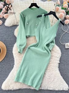 Work Dresses SINGREINY Winter Beading Knitted Suits Women Loose Long Sleeve Pullover Midi Dress Fashion Warm Sweater Two Piece Sets