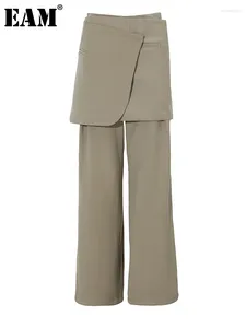 Women's Pants EAM Khaki Irregular Long High Waist Spliced Wide Leg Loose Fit Trousers Women Fashion Spring Autumn 2024 1DF3129