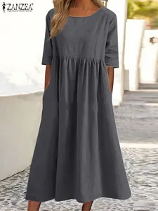 Casual Dresses ZANZEA O-Neck Half Sleeve Solid Summer Women Dress Vintage Mid-Calf Length Robe Female Causal Holiday Sundress Kaftan