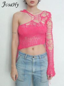 Kvinnors tröjor Jusahy Women Autumn 2024 Pink Sweet Wool Stick Hollow Asymmetrical Single Shoulder Sleeve Holes Decoration Sexig tröja