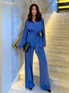 Dwuczęściowe spodnie dla kobiet Clagive Fashion Długie rękawy Kobiety Ustaw kobiety eleganckie niebieskie satynowe streetwear o szerokiej talii.