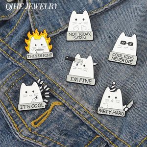 Brooches Cartoon Cat Enamel Pin I'm Fine Quote Metal Cute Animals Badge Lapel Clothes Brooch Jewelry Gift Backpack Hat For Friends