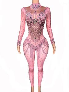 Scenkläder 2024 ankomst rosa kristaller jumpsuit bling glas diamant mager elastisk bodysuit jul firar kostym prestanda