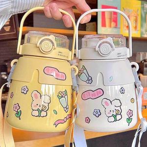 Water Bottles 1000ML Cute Thermos Stainless Steel Children Girls Double Drink Pot Belly Straw Bottle School Cup