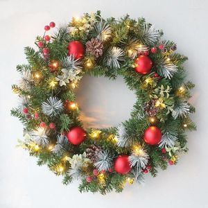 Decorative Flowers Led Christmas Wreath 40Cm Artificial Pinecone Red Berry Garland Hanging Ornaments Front Door Wall Decorations Xmas Tree