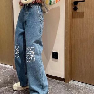 Loewe Designer Hosenbeine Gabel enge Denim-Hose Fleece verdicken warme Jean Marke Frauen Stickerei Druck