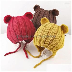 Berets Chapéu de Beanie de Malha para Crianças Crianças Quentes Earmuffs Chapéus Bebê Meninos Meninas Outono Inverno Lace-Up Handmade Caps Drop Deliv Dhlit