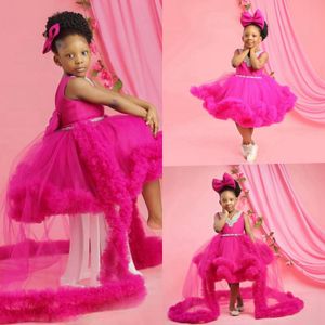 Hot Pink Flower Girl Dresses With Lopagible Train Tiered Tulle Ball Bowns Flowergirl Dress Princess Queen Birthday Dress klänningar för Little Kids Marriage NF066