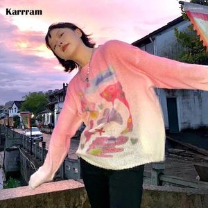 Swetry damskie Karram Japończyka Y2K Knitover Sweet Pink Butterfly Print Mohair Sweter Girls Fairy Gradient Knitwears