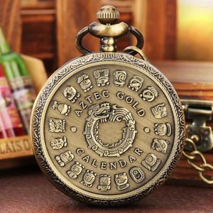 Pocket Watches Aztec Gold Calendar Mönster Relief Display Bronze Quartz Watch Vintage Collection Pendant Fob Chain Timespiece Gift