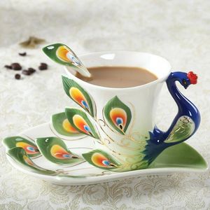 Mugs 200ml Peacock Coffee Cups With Saucer Spoon Hadmade 3D Ceramic Tea Milk Set Breakfast Water Bottle Christmas Lover Gifts