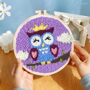 Konst och hantverk Owl Punch Needle Brodery Cartoon Animal Starter Kits Tufting Rug Hooking Tool With Threader Fabric Hoop Yarn