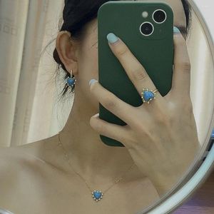 Halsband örhängen Set Heart Blue Turquoise Zirconia Stone Necklace/Earring/Ring for Women Gold Color 2024 Trending mode accessoarer