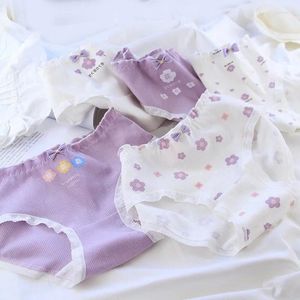 Kvinnors trosor söta för flickor Bow Floral Print underbyxor Mid-Rise sömlös bomullsunderkläder Ruffles Purple White Women Briefs