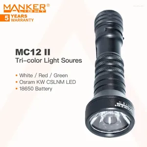 Flashampar facklor Manker MC12 II Vit/röd/grön tri-färgljuskälla ficklampa med 18650 batteritaktisk switch för