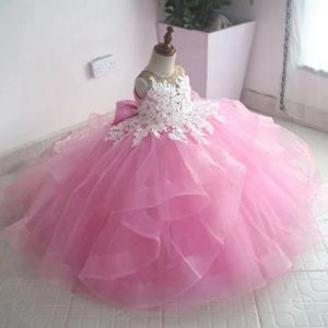 Pink Flower Girl Dresses Sheer Neck Big Bow at Back Appliqued Lace Beaded Tiered Tulle Flowergirl Dresses Little Girls Communication Birthday Gowns for Kids F078