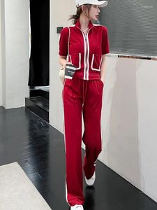 Women's Two Piece Pants Summer Outfits Set For Women Tracksuit 2024 Stand Collar Short Sleeved Cardigan Zipper Top Casual Wide Leg Suit