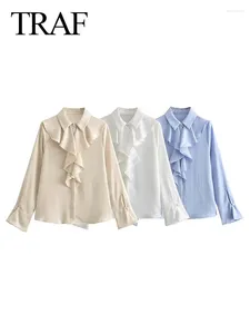 Kvinnors blusar Traf Autumn Elegant Satin Casual Shirt Fashionabla Long Sleeve Ruffled Pearl Button Stacked Decorative Top