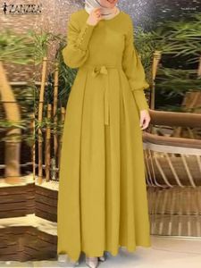 Ethnic Clothing ZANZEA Autumn Elegant Muslim Dress Women Full Sleeve O-Neck Solid Color Sundress Female Fahsion Vintage Casual Loose Maxi