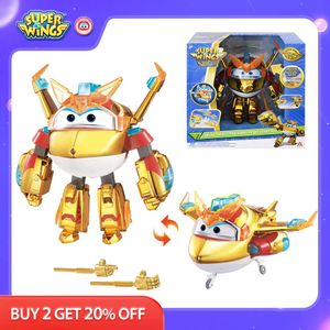 Super Wings 6 Zoll Deluxe Transforming Supercharged Golden Boy mit Lichtgeräuschen, 2 Gesten, Flugzeugtransformationsroboter, Anime-Kinderspielzeug 240130