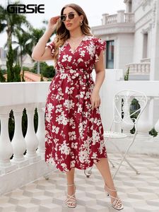 Plus Size Dresses GIBSIE Floral Print Butterfly Sleeve Belted Dress Women Boho Summer V Neck High Waist A-line Vacation Long