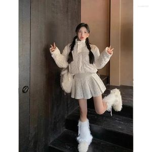 Work Dresses Sweet Girl Cotton Clip Suit Women's Autumn/Winter Stand Collar Zipper Coat Pleated Skirt Two-piece Set Fashion Female Clothes