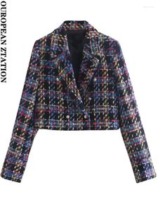 Damenanzüge für Damen, 2024, modisch, zweireihig, kariert, Tweed, abgeschnittene Blazer, Mantel, Vintage, lange Ärmel, weibliche Oberbekleidung, schicke Tops