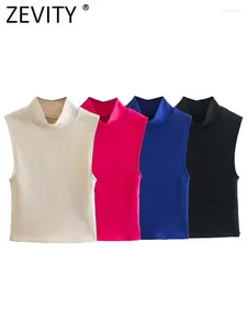 Zbiorniki dla kobiet Zevity Chicka pół wysokiego kołnierza solidne kamizelka bez rękawów Camis Tank Lady Summer Knitting T Shirt Tops LS2750