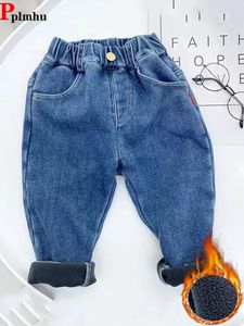 Pelúcia forrada meninos harem jeans inverno engrossar crianças vaqueros mais veludo quente denim calças baggy elástico cintura alta jean pantalones 240123