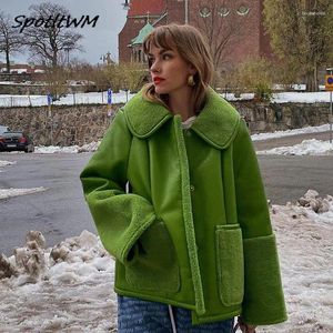 Kvinnors läder Autumn Winter Green Pu Women Coat TurnDown Collar Långärmad kvinnliga rockar 2024 Lady Pocket Button Streetwear Overcoat