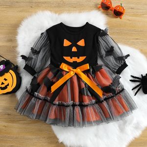 女の子のドレスcitgeeautumnハロウィーンキッズガールズロングスリーブドレスプリントステッチメッシュヤーンa-line服