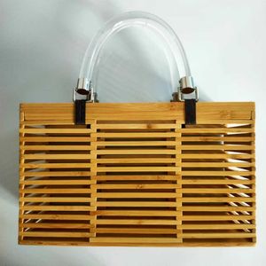 2023 New Bamboo Woven Bag White Handheld Acrylic Woven Bag Fashionable Square Bamboo Basket Bag Hollow Vine Woven Bag