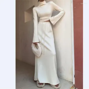 Work Dresses Two Piece Sets Women Turtleneck Long Sleeve Top And Maxi Skirt Female Summer Casual Bodycon Skirts Set Streetwear 2024