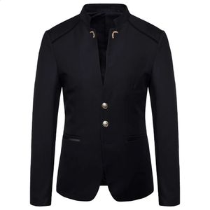 Men Blazer Coat Spring Fashion Button Decorative Chinese Style Slim Fit Stand Collar Solid Color Suit Jacket 240124