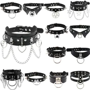 Choker DIEZI Punk Goth Heart Circle Star Ball Pendant Necklace Gothic Black PU Leather Tassel Chain Torques Jewelry