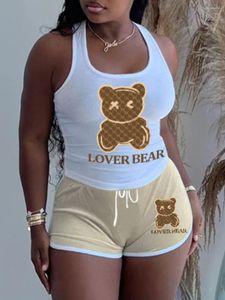 Tute da donna LW Lover Bear Lettera Pantaloncini con stampa di cartoni animati Set scollo a U senza maniche Canotta con coulisse Pantaloni abbinati Donna Quotidiano 2 pezzi